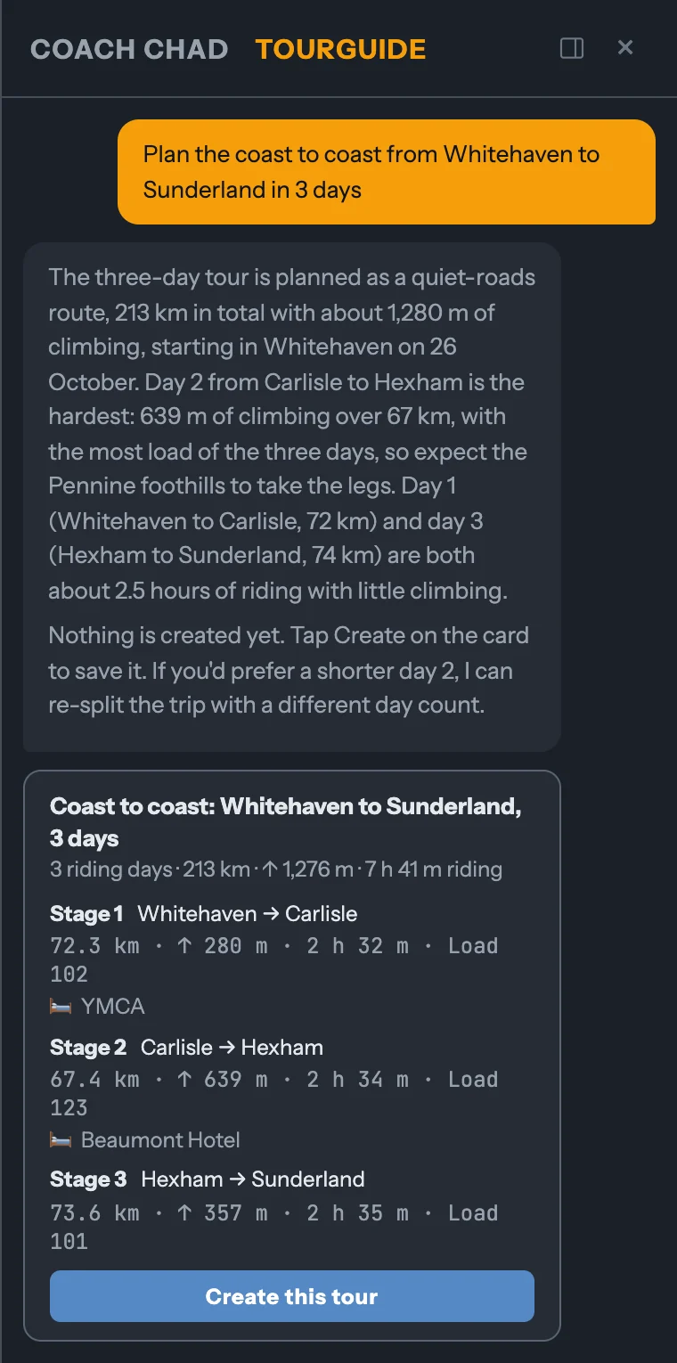 TourGuide im Web, gebeten, den Coast to Coast von Whitehaven nach Sunderland in drei Tagen zu planen: drei Etappen mit Distanz, Höhenmetern, Zeit und einer Unterkunft für jede Nacht, und ein Button, um die Tour anzulegen